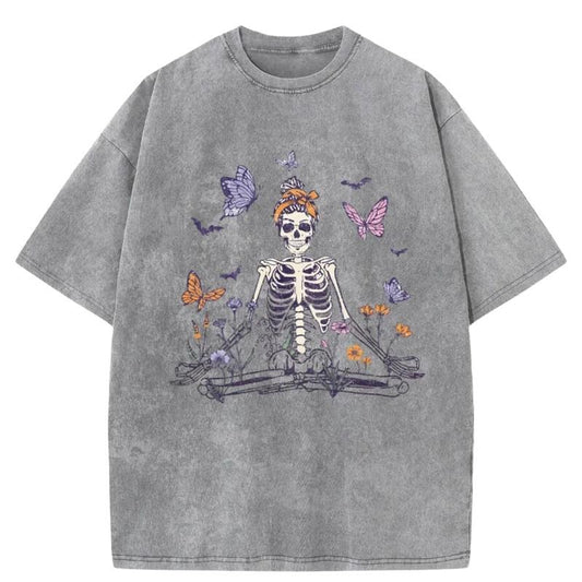 Vintage Meditating Skeleton Washed T-Shirt, Meditating Skeleton Shirt, Meditating Skeleton Merch, Funny Shirt, Cute Shirt, Gift For Man And Gift For Women, Gift For Top Menswear Womenswear Streeswear Tshirt Tropical Crewneck Casual Human Operator