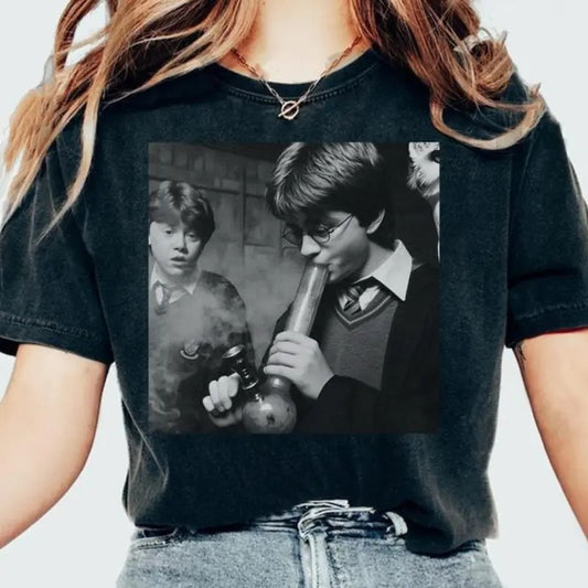 Vintage Meme 90s T-shirt, Funny Harrrry And Rooon Smoking Shirt, Potter Tshirt Wizarding Fan Christmas Birthday Gift Pottter