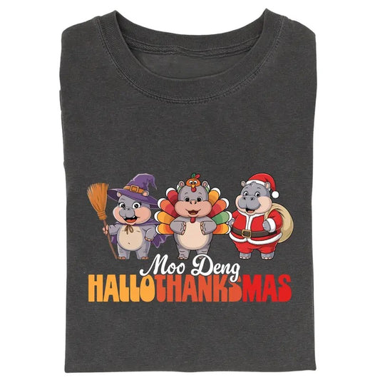 Vintage Moo Deng HalloThanksMas Graphic Tee, Funny Moo Deng Shirt, Halloween Shirt, ThanksGiving Shirt, Christmas Shirt, Parody Shirt, Fall Season
