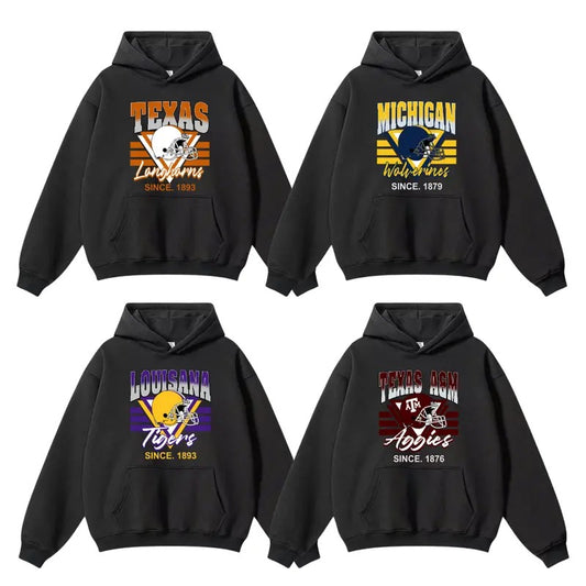 Vintage NCAA Football Hoodie - Black Hoodie for Sports Fans, Ohio State, Georgia, Michigan, Auburn, Notre Dame, Tennessee, Alabama, LSU, Nebraska