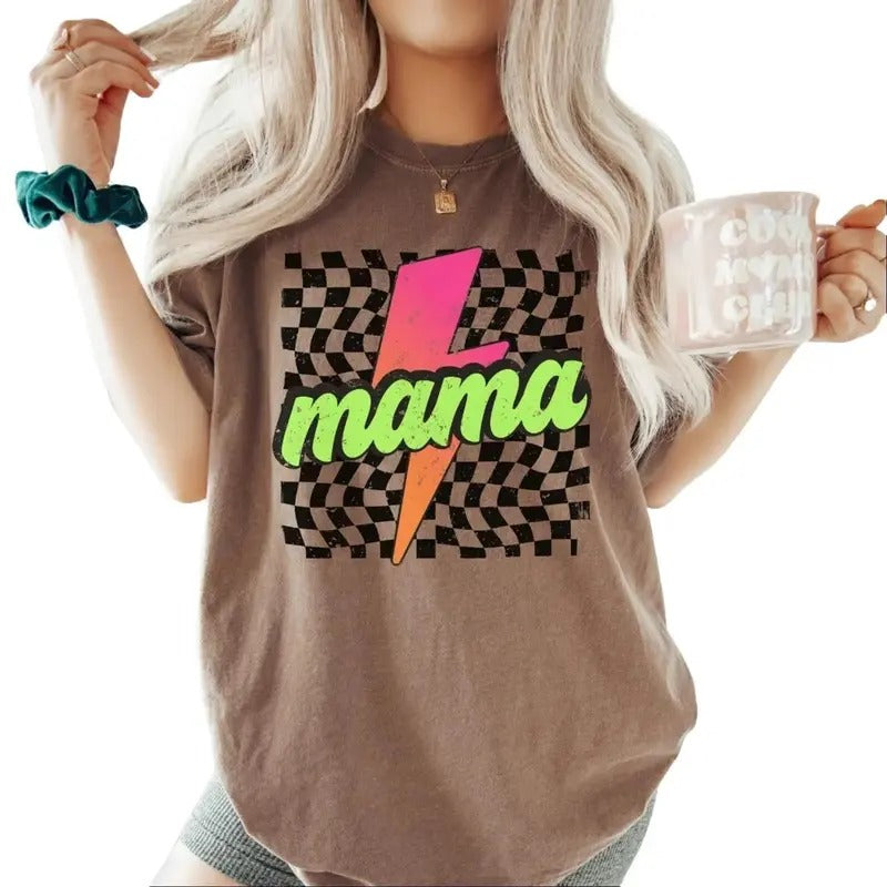Vintage Neon Mama T-Shirt, Unisex Cotton For Men, Casual Polyeste Crewneck Shortsleeve