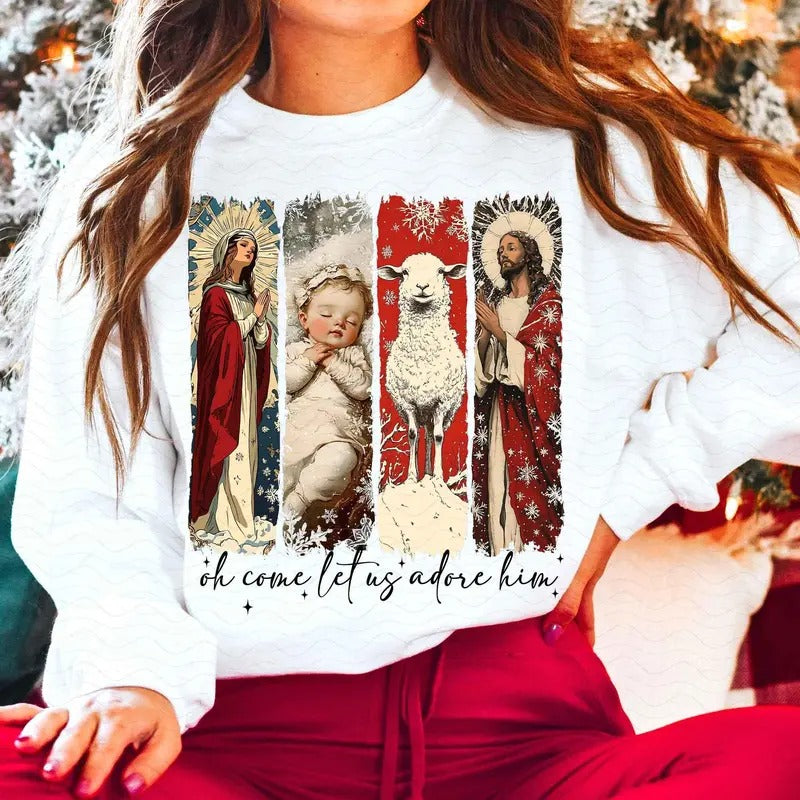 Vintage Oh Come Let Us Adore Him Crewneck Sweatshirt, Nativity Scene, Christmas Night, Retro Jesus Christmas, Baby Jesus, Oh Holy Night Shirt