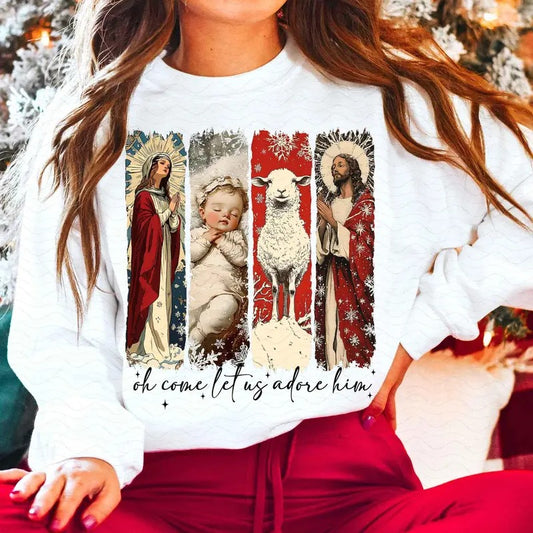 Vintage Oh Come Let Us Adore Him Crewneck Sweatshirt, Nativity Scene, Christmas Night, Retro Jesus Christmas, Baby Jesus, Oh Holy Night Shirt