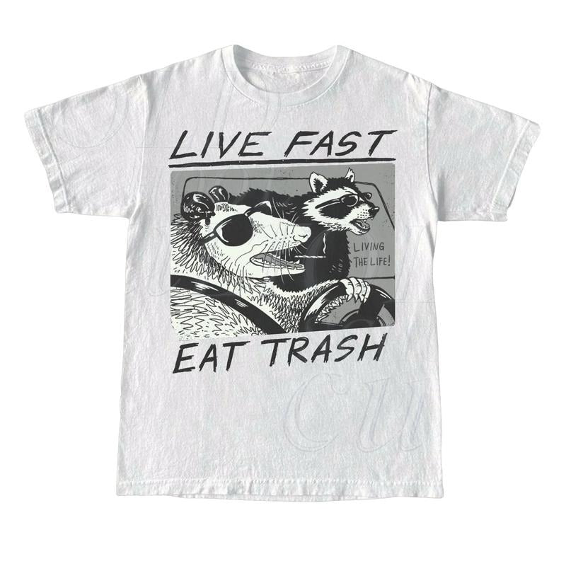 Vintage Opossum Live Fast Eat Trash 90s Style Graphic T-Shirt, Retro Raccoon Shirt, Adult Unisex Relaxed Shirt, Washed Tee Menswear Top Underwear Tshirt