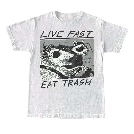 Vintage Opossum Live Fast Eat Trash 90s Style Graphic T-Shirt, Retro Raccoon Shirt, Adult Unisex Relaxed Shirt, Washed Tee Menswear Top Underwear Tshirt