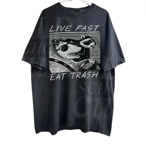 Vintage Opossum Live Fast Eat Trash 90s Style Graphic T-Shirt, Retro Raccoon Shirt, Trendy Shirts, Adult Unisex Relaxed Shirt, Funny Shirt Menswear Top Underwear Man Tshirt Streetwear
