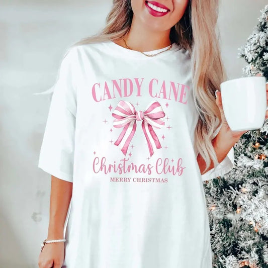 Vintage Pink Christmas Club Graphic Tee with Coquette Bows - Merry Christmas Shirt for Women - Womenswear, Top