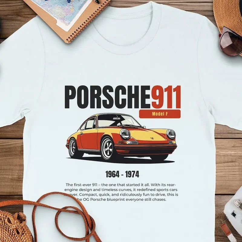Vintage Porsche 911 Model F T-Shirt, Classic Sports Car Tee 1964-1974, Retro Car Enthusiast Gift, Iconic Car Graphic Shirt