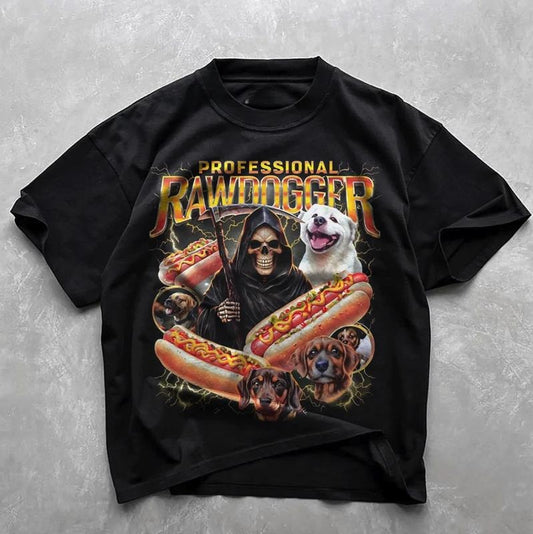 Vintage Professional Rawdogger Adult Humor Meme Graphic T-shirt, Funny Hot Dog Sausage Dog Meme Graphic Tee Gift For BoyfrIend Girlfriend