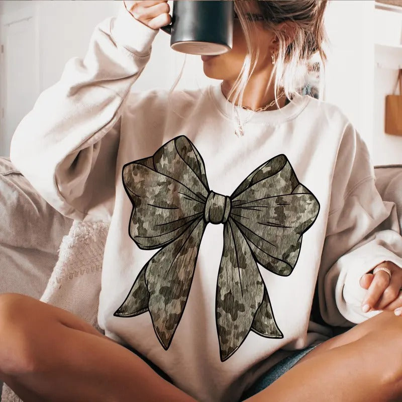 Vintage Retro Camo Bow Sweatshirt, Old School Camo, Hunting Season, Girls Coquette Bow Tee