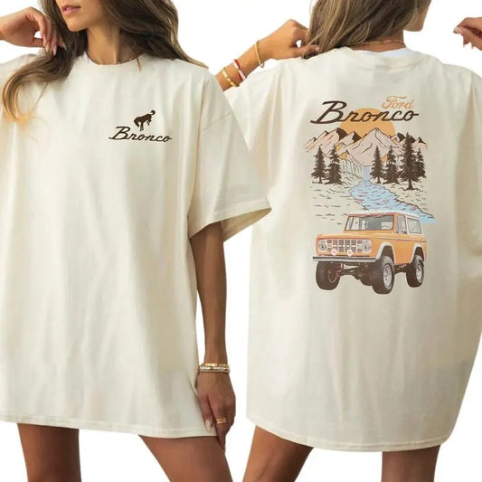 Vintage Retro Ford Bronco T-Shirt, The Car National Park Graphic 2-Sided Shirt, Comfy Clothing, Printed Women's Top, Casual Cotton Fabric Womenswear