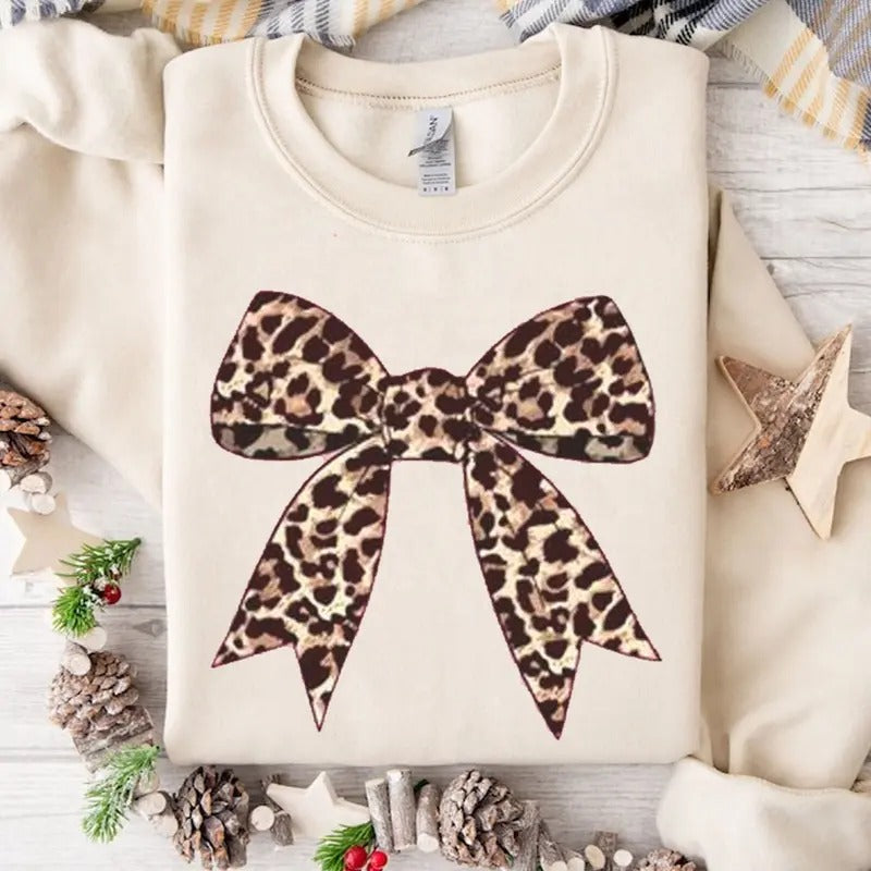 Vintage Retro Leopard Pattern Printed Coquette Bow Sweatshirt, Soft Girl, Soft Mom Era Unisex Tee