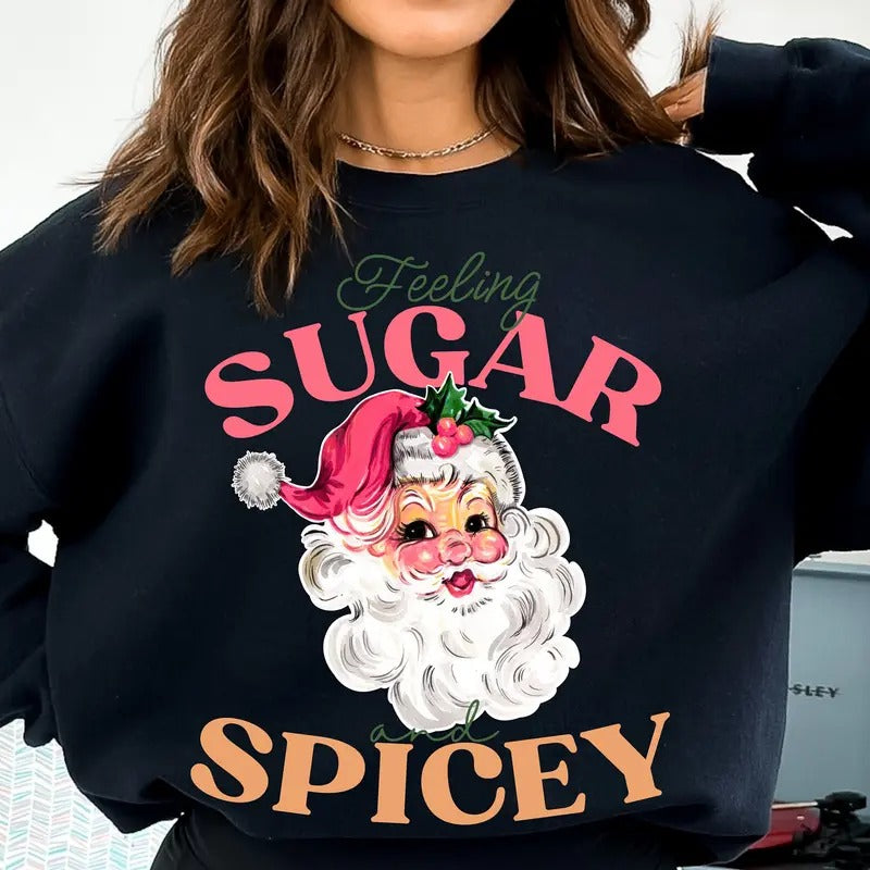 Vintage Retro Santa Christmas Sweatshirt, Sugar and Spice Unisex Fit Pullover - Fabric