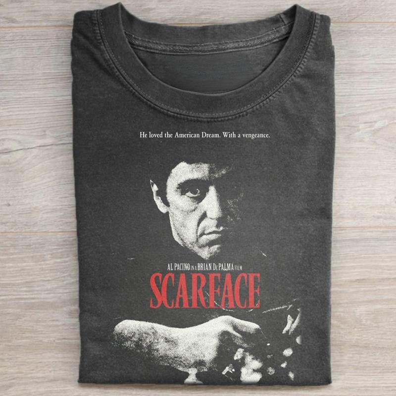 Vintage Scarface He Loved The American Dream, With A Vengeance Graphic Tee - Scarface Movie Shirt - Mafia Movie Shirt - Al Pacino - Tony Montana Tee - Iconic Movie Graphic Tee Menswear Top