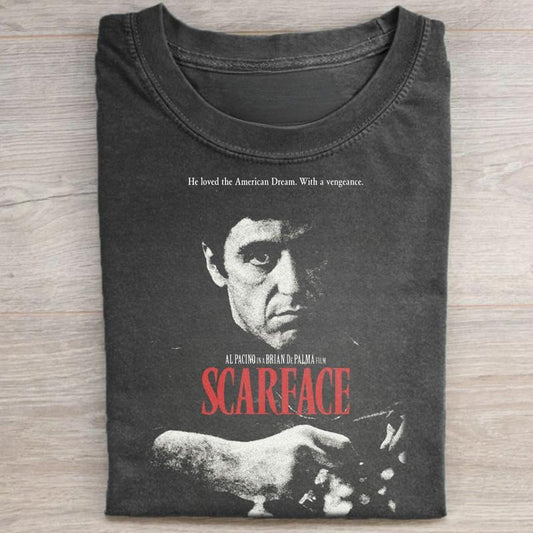 Vintage Scarface He Loved The American Dream, With A Vengeance Graphic Tee - Scarface Movie Shirt - Mafia Movie Shirt - Al Pacino - Tony Montana Tee - Iconic Movie Graphic Tee Menswear Top