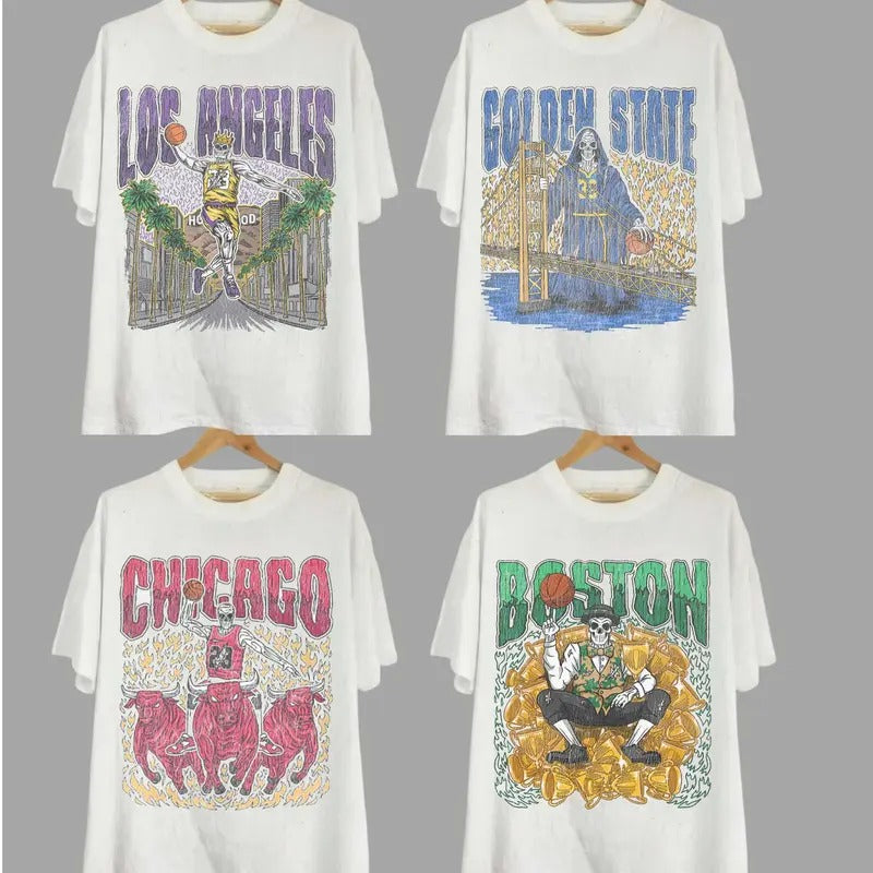 Vintage Skeleton All Teams Basketball T-shirt, Gildan 5000 Unisex Crewneck Sport Classic T-Shirt All Teams Basketball , White Menswear Soft Tee