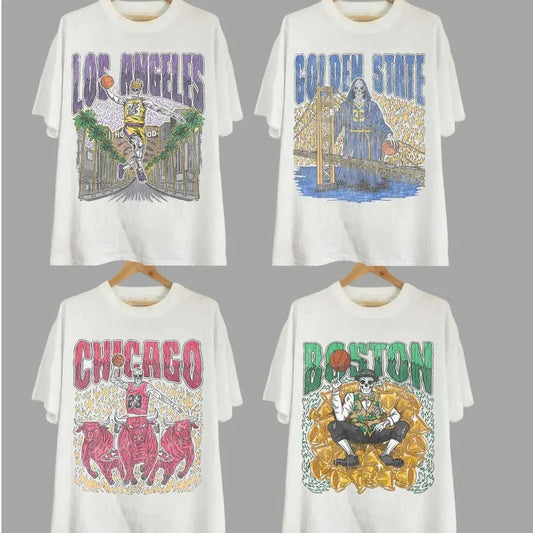 Vintage Skeleton All Teams Basketball T-shirt, Gildan 5000 Unisex Crewneck Sport Classic T-Shirt All Teams Basketball , White Menswear Soft Tee