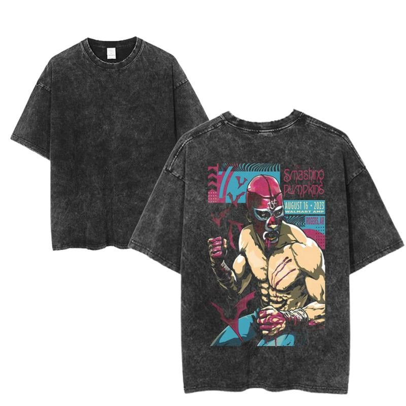 Vintage Smashing Pumpkins Luchador Design Tee, Retro Rock Band Tee, Double-Sided Graphic Design, Casual Streetwear, Unisex Cotton Shirt