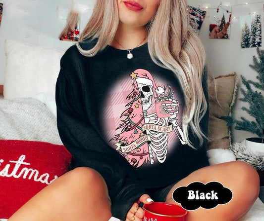 Vintage Sorta Merry Sorta Scary Crewneck, Funny Pink Christmas Sweatshirt, Cute Spooky Season Sweater, Pink Christmas Skeleton Sweatshirt