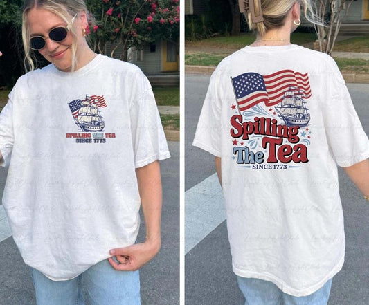 Vintage Spilling The Tea 2 Side Shirt, Funny History Lover Shirt, USA Independence Day Party Shirt, 4th Of July Patriot Family Shirt, VTA828 Trending Funny Quote Shirt