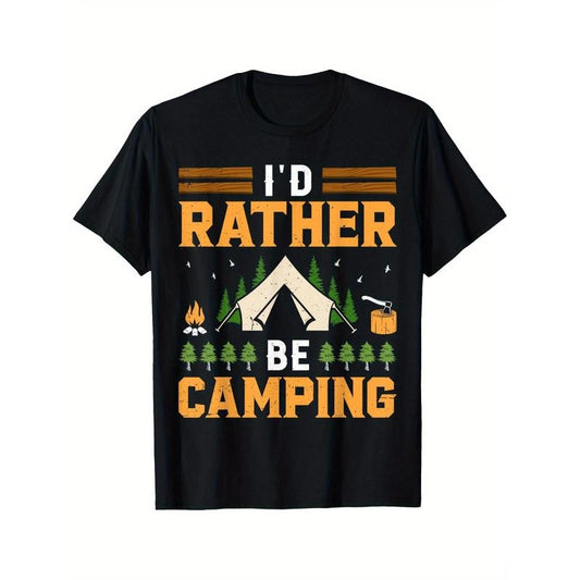 Vintage Style Cotton T-Shirt with "I'd Rather Be Camping" Graphic - Comfortable Stretch, Unisex Adult Tee, Ideal Gift for Outdoor Enthusiasts Made in USA