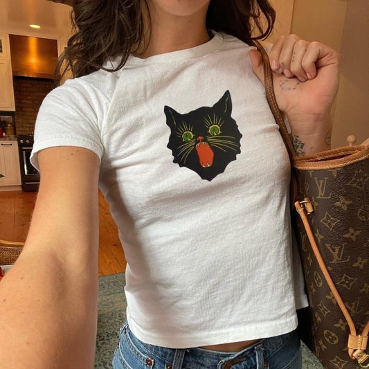 Vintage Style Halloween Black Cat Baby Tee For Her Gift, Witchy Vibes Baby Tee For Her, Coquette Baby Tee, Retro Cat Baby Tee For Cat Lover