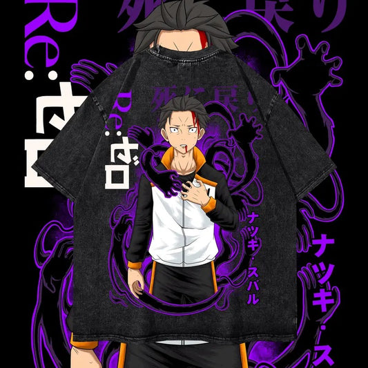 Vintage Subaru Washed Oversized Tee, Re Zero Anime Manga Washed Heavy Cotton Special Graphic T-shirt Gift For Anime Fan Classic Menswear