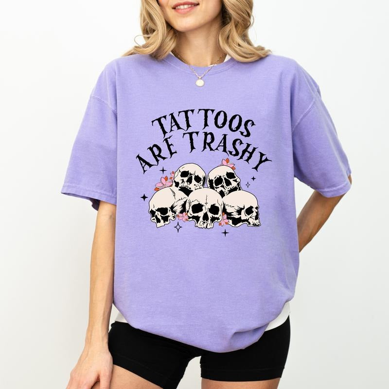 Vintage Tattoos Are Trashy Shirt, Retro Tattoos Are Trashy Tee, Skull Skeleton Graphic Printed Tee, Funny Gift For Tattoos Lover, Sarcastic Tattoos Are For Idiots Shirt, Comfy Graphic Tee, Women's Tops, Womenswear, Cotton Fabric Relaxed Fit Style