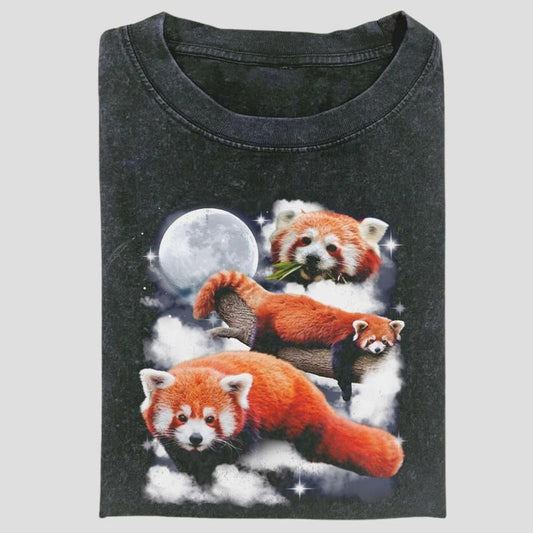 Vintage Three Red Panda Moon Graphic Tee, Cute Animal Meme Shirt, Cloudcore Bamboo Vibes Aesthetic, Unisex Menswear Womenswear Top