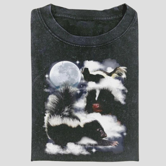 Vintage Three Skunk Moon Graphic Tee, Funny Animal Meme Shirt, Cloudcore Forest Vibes Aesthetic, Unisex Menswear Womenswear Top