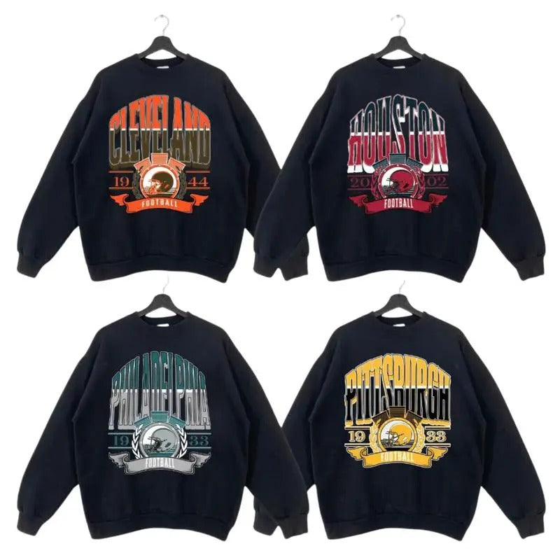 Vintage Throwback 1960 All Team Football Crewneck, Retro Big Word Graphic Sweatshirt for American Football Fans, Unisex Sunday Shirt Menswear Cotton