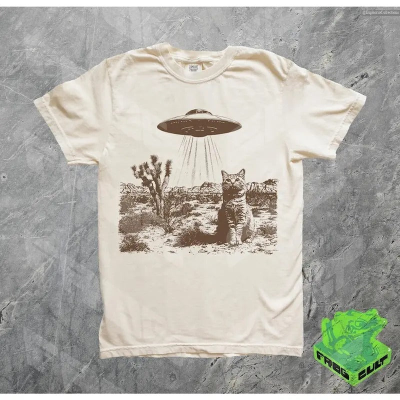 Vintage UFO Cowboy Cat Meme Shirt, Retro 90s Western Rodeo T-Shirt, Wild West Kitten Tee, Funny Gag Gift Tee , Global Trending Outfits