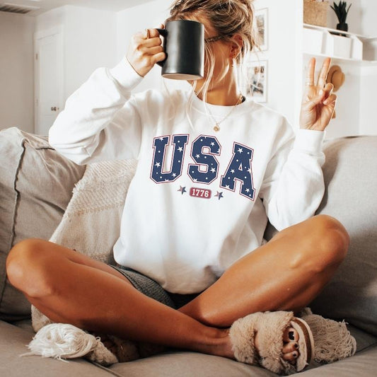 Vintage USA Sweatshirt, 4th of July Sweater, America Sweatshirt, USA est 1776, Patriotic Crewneck, Womens 4th of July Sweatshirt, Flag Shirt