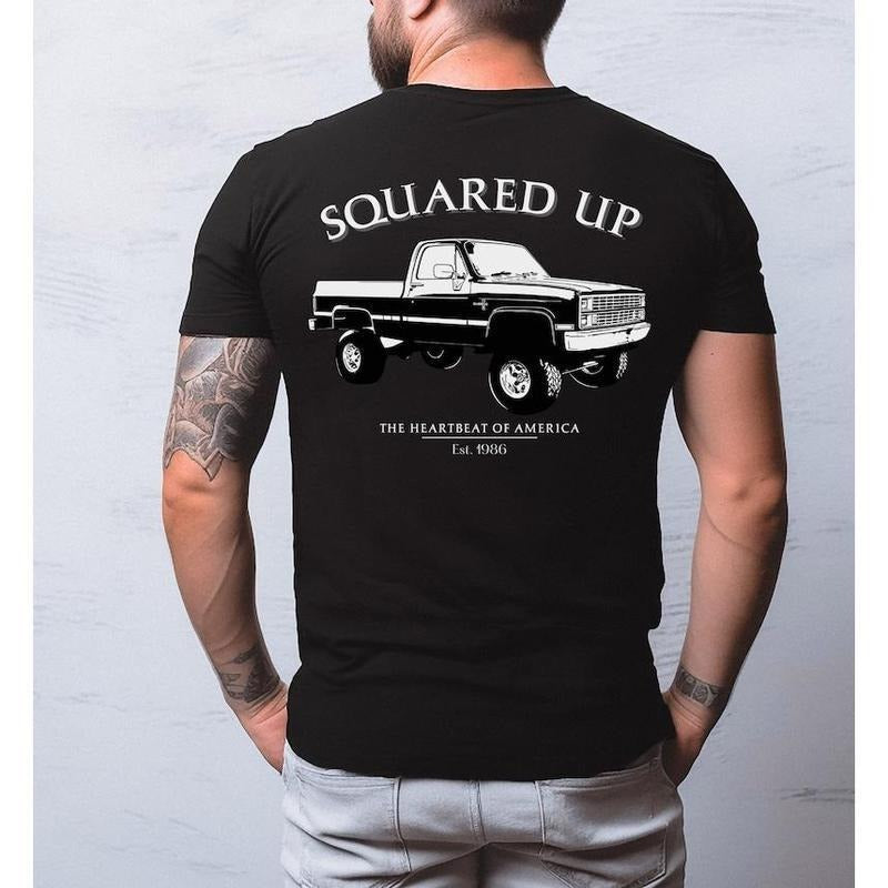 Vintage Vibe 2 Sides Squared Up 1986 Chevy Silverado Men's Cotton Tee Old School Chevy Tee Gift for Him Truck Shirt Classic Chevy Truck OL00095 Casual Menswear Streetwear Tshirt Tops Biker Trouser Jeans Dress Round Neck Shortsleeve Crewneck Tropical
