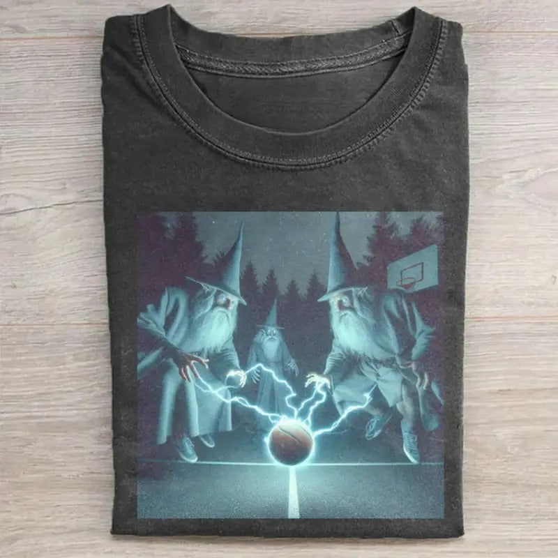 Vintage Wizard Summoning Lightning At The Basketball Graphic Tee - Harry Potter Movie Tshirt - Wizards Graphic Tee - Funny Shirt - Halloween Shirt - Movie Lover Shirts - Parody Movie Shirt - Lord Of The Rings Movie Shirt