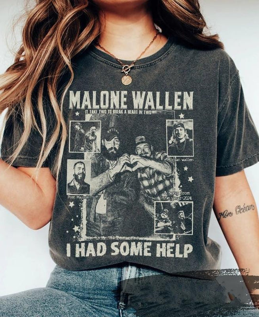 Vintage Y2k I Had Some Help Tee Shirt, Country Music, Post Wallen Shirt It Takes Two To Break A Heart In Two Shirt, Morgan Malone Gift Shirt, Unisex T-Shirt, Gifts For Him Her, Short Sleeve Tee Shirt