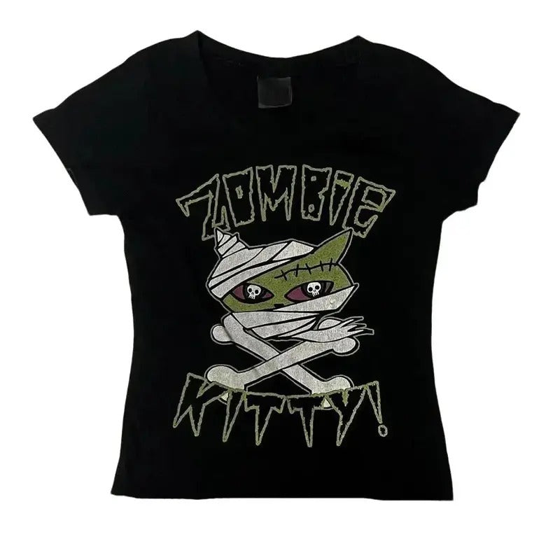 Vintage Zombie Kitty Baby Tee, Gothic Emo Girl Top, Y2k Top Women Streetwear, Scene Clothing 2000s