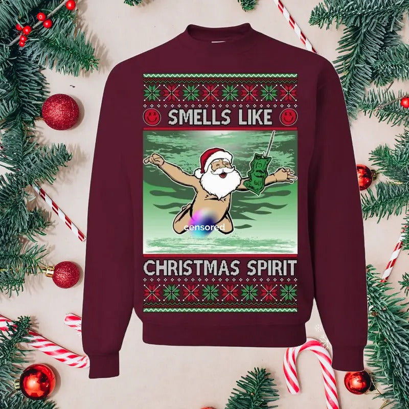 Vintagevibeshirt Smells Like Christmas Spirit Sweatshirt, Funny Santa Claus 90s Rock Album Parody, Ugly Christmas Sweatshirt Menswear Long Sleeve