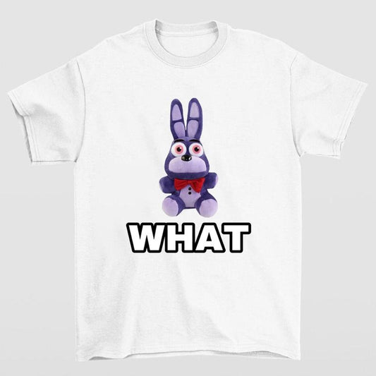WHAT Ironic Funny FNAF Bonnie Plush Meme T-Shirt Highlighting Quirky and Relatable Humor
