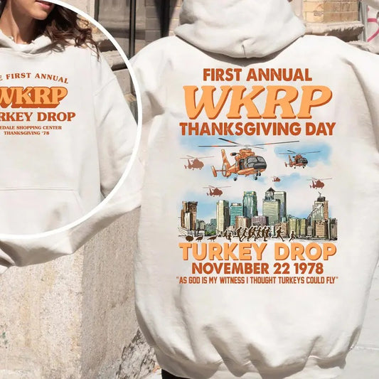 WKRP First Annual Thanksgiving Day Turkey Drop New hoodie, In Cincinnati Movie hoodie, Thanksgiving Gift, Happy Thanksgiving, Drop Turkey Tee