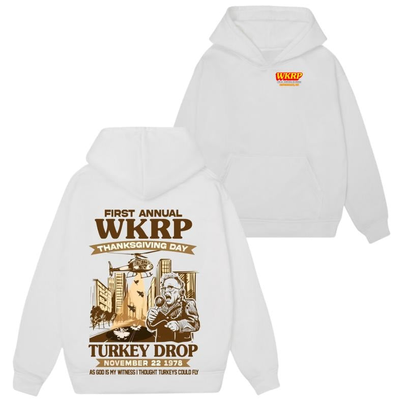 WKRP Sweatshirt Hoodie Tshirt- First Annual Thanksgiving Day Turkey Drop Tribute, Perfect for Unisex Wear, Celebrating Classic TV Moments, Ideal for Casual Days and Thanksgiving Gatherings. Menswear Top Tshirt