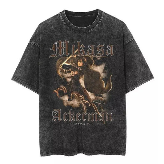 Wash Vintage T-shirt Attack On Titan Tee Oversize Casual Short Sleeves Cotton Menswear