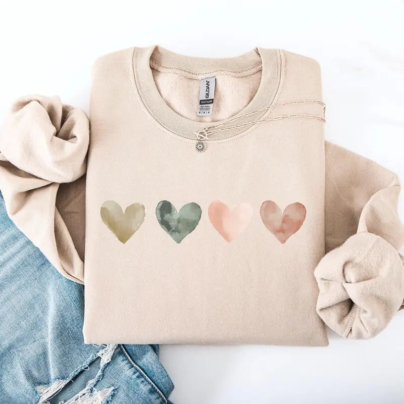Watercolor Hearts, Valentine's Day, Love, Classic, Minimalist Sweatshirt, Crew Neck, Women's, Crewneck, Valentine's Day, Love, Heart, Cupid