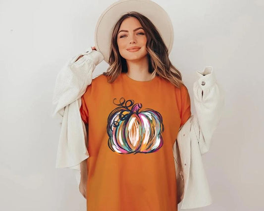 Watercolor Pumpkin T-shirt, Colorful Pumpkin Shirt, Watercolor Pumpkins, Halloween Shirt, Autumn Shirt, Cute Fall Shirt, Gift For Halloween, Watercolor Pumpkin Shirt Cotton Top Womenswear Love