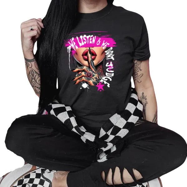 We Listen Black  PINK PAJAMA PANTS Bundle Crewneck Sweatshirt, T Shirt, or Hoodie Pullover | Punk, Alt, Grunge, Goth, Skeleton Style, Valentine's Day Gift