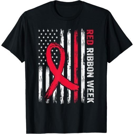We Wear Red For Red Ribbon Week Awareness American Flag T-Shirt Made in USA