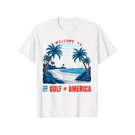 Welcome To America'S Gulf Beach Vibe Summer Gulf Of USA 2025 T-Shirt, 100% Cotton 180g, White round neck, size S-XXXL, Good reviews, simple, retro, Street trend Made in USA