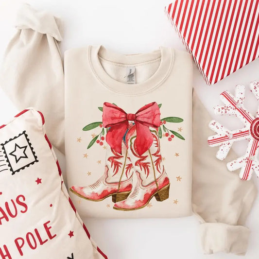 Western Christmas Cowboy Boots Sweatshirt Christmas Cowboy Shirt Retro Christmas Shirt Xmas Cowgirl Gifts Womenswear Hoodie