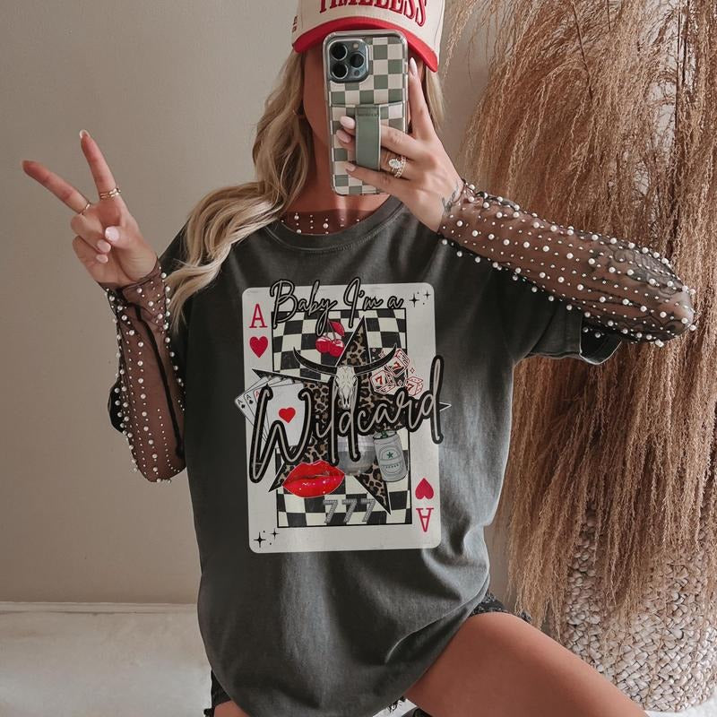 Western Collage Tshirt Trendy Cowgirl Wildcard Retro Trending Tshirt Casino Dice Playing cards Shirt