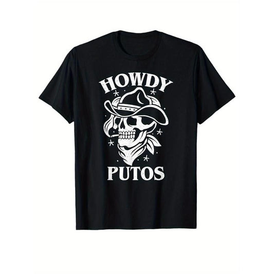 Western Cowboy Print Crew Neck Short Sleeve T-shirt - Men's Casual Cotton Top for Outdoor Activities with Classic Print Design made in usa